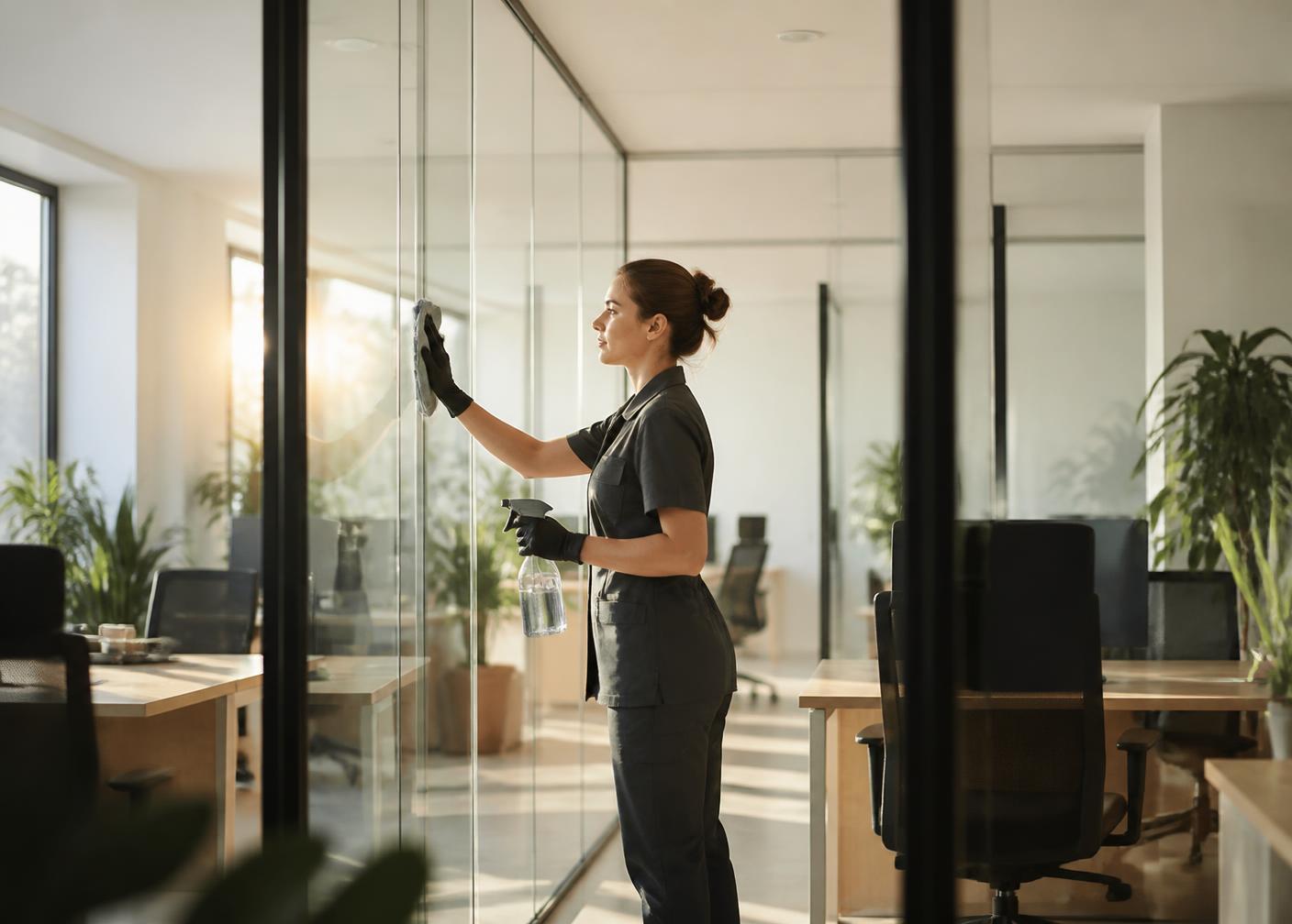 A cleaning professional wiping glass partitions in a modern small office